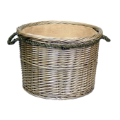 Antique wash large round log basket with rope handles
