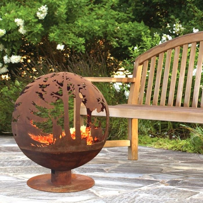 Outdoor Fireplace with Woodland in oxidised metal