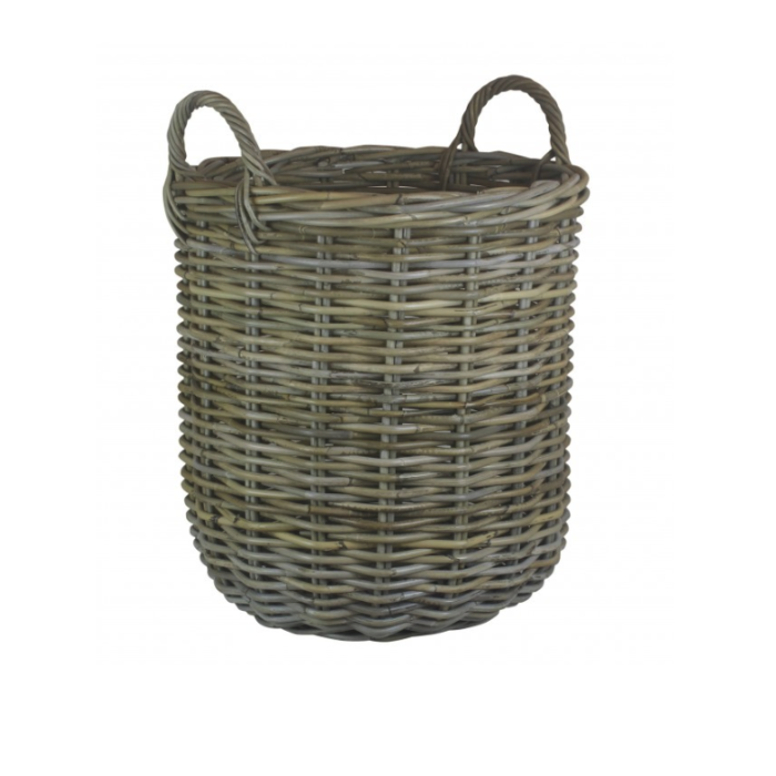 Medium Tall Round Fireside Log Basket in Grey Rattan